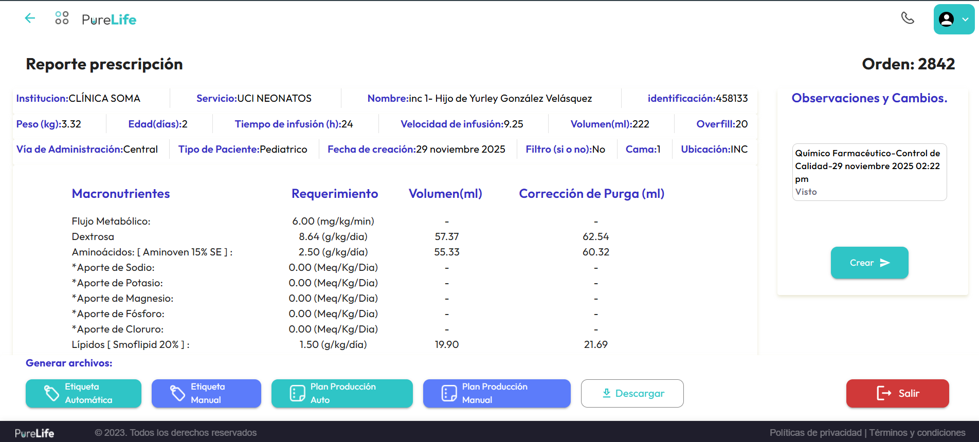 Vista previa del reporte de prescripción de Purelife